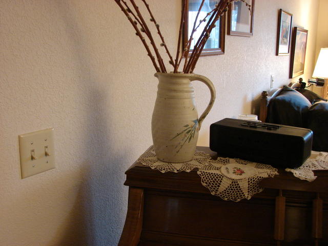 I may have bought this vase at an auction, too.  I'm not sure where I got the little Mexican doilies.