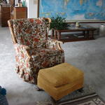 Mom's chair.  I don't know where JJ and I got the stool, but I upholstered it in Michigan.