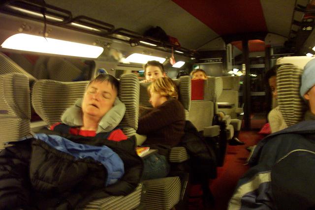 It's evening in France and it's been a long time since we've slept.  We rest a little bit on the train to Montpelier.