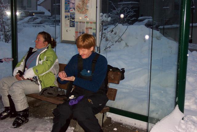 We probably had to wait 20 minutes for the bus.  Linda was so excited about skiing!
