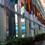 As you enter the State Department lobby, you see all these flags from around the world.