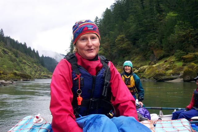 Linda W lounges on the raft.