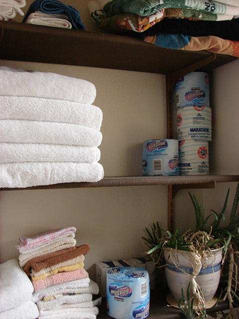 Just the bathroom shelf with a few towel and a plant
