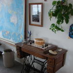 I got the sewing machine cabinet from the trash in Michigan and refinished it.  The basket is a gift from Lindsay, fossil is fro