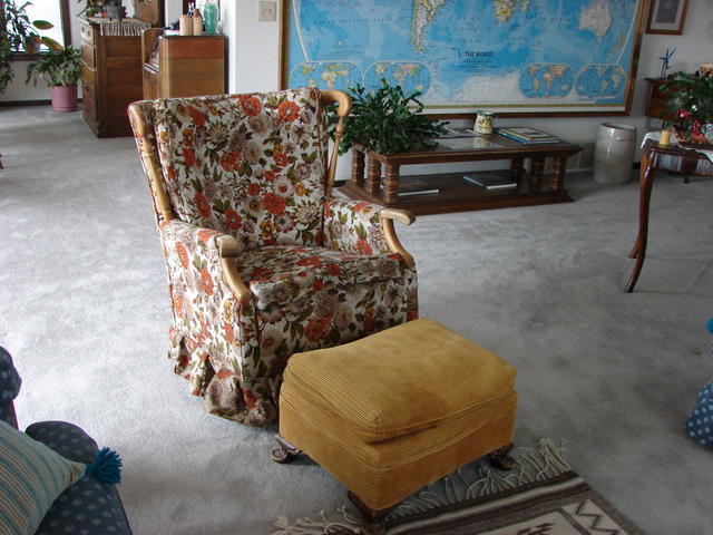 Mom's chair.  I don't know where JJ and I got the stool, but I upholstered it in Michigan.