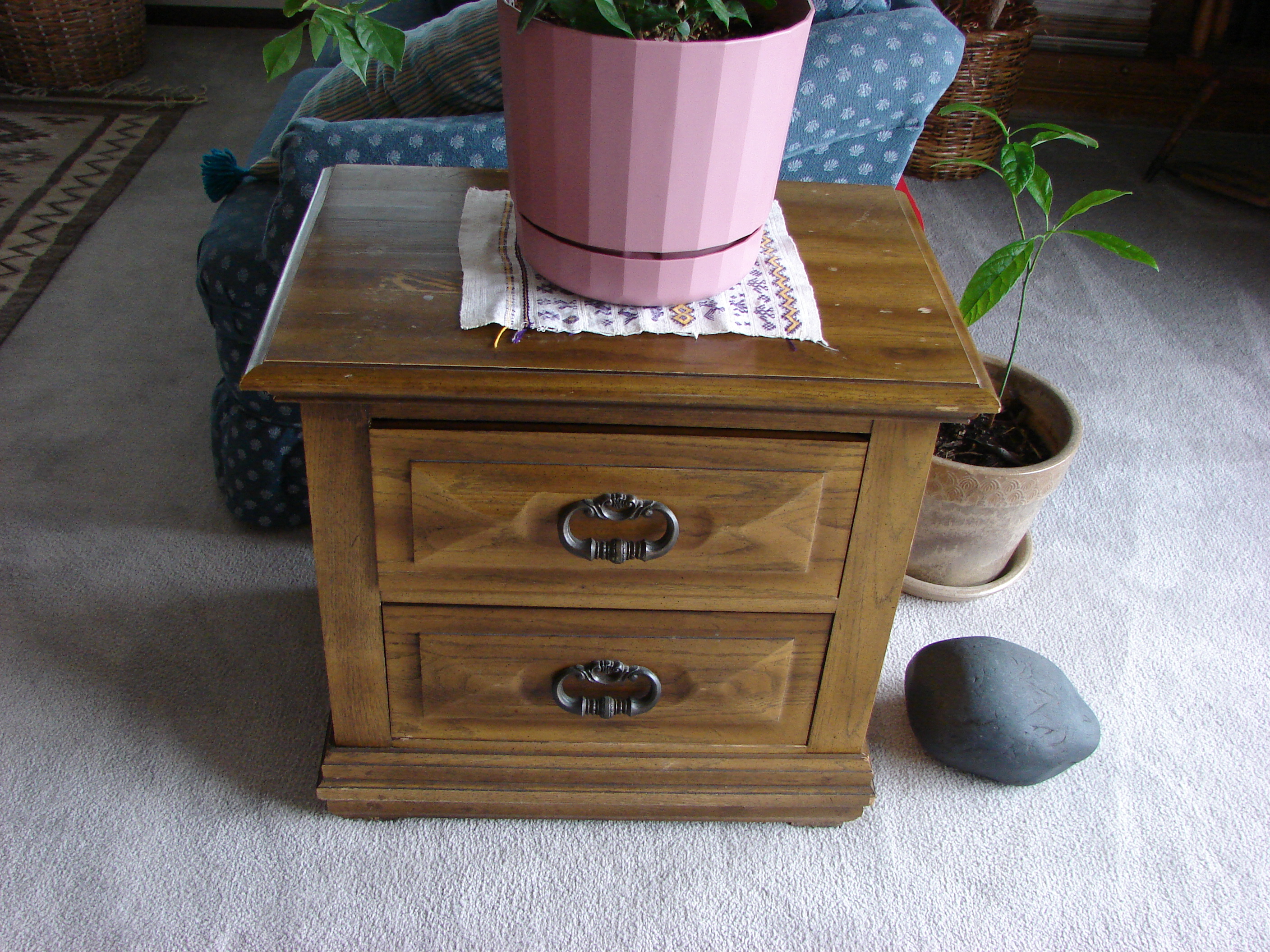 Table bought in Michigan at model apartment.  Doily made my Eufrosina in Mexico.  Lindsay might want it.