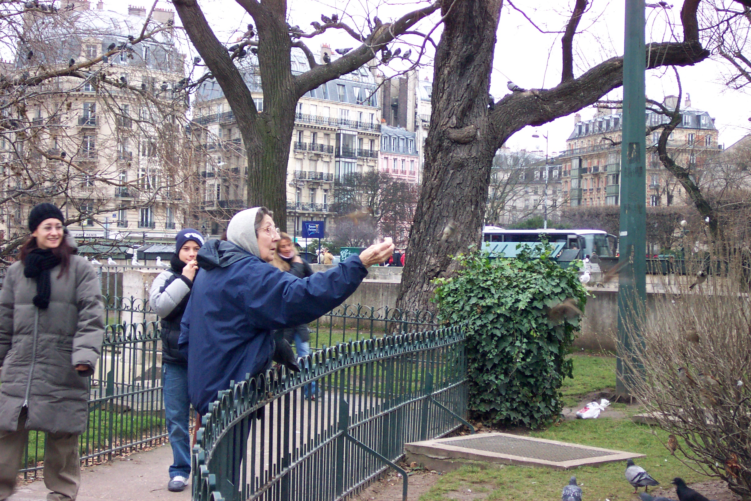 There were some older people there.  They'd hold out bread and the birds would take it from their hands.