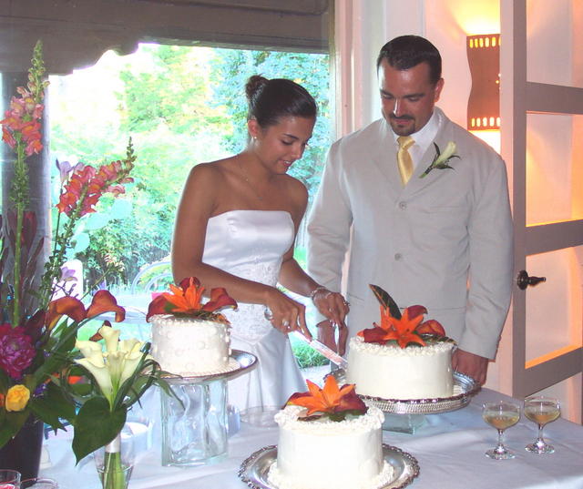 The bride and groom cut the cake.