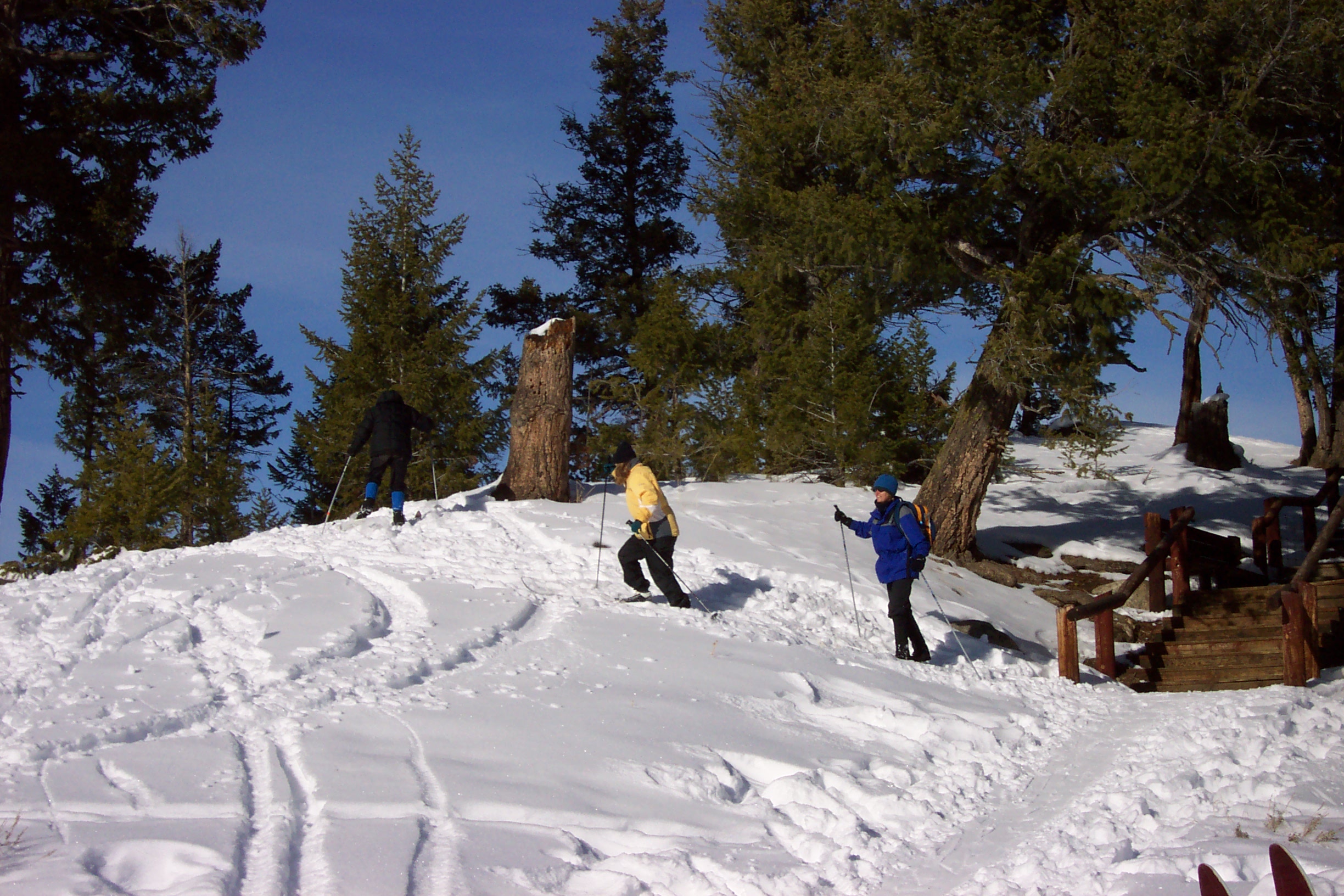 We had to spend some time climbing up the hill and skiing down.  Here go Linda J, Kelsiann and Mary Ann.