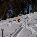 Kelsiann has already practiced climbing uphill and skiing down.  Now she's working on her falling technique.