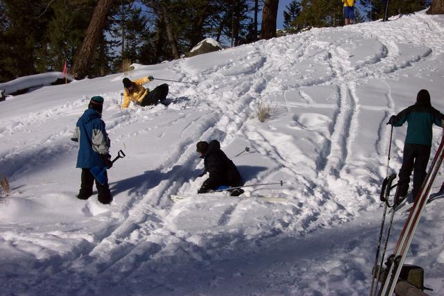 While she practices her technique for getting up, Linda J decides to join her.  Jeremy and Mal are standing by to offer encourag