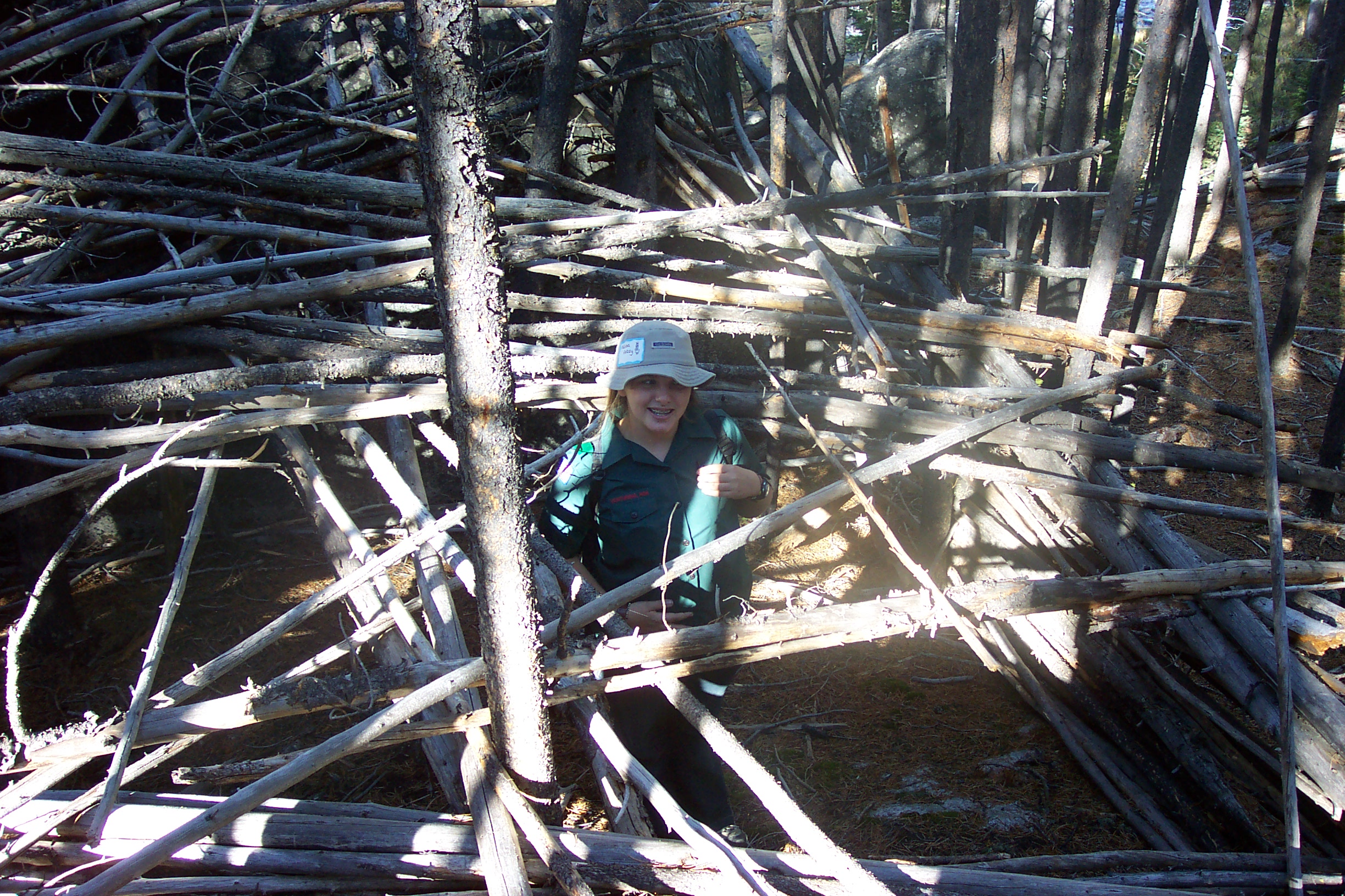 Melissa explored a little shelter we found.